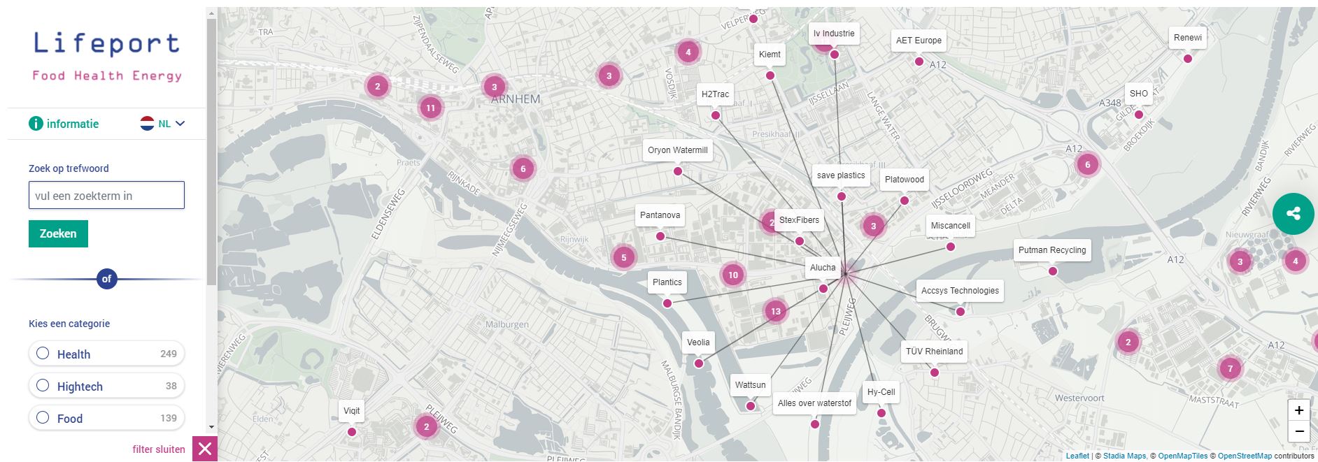 Interactieve kaart Lifeport: een schatkaart van bedrijvigheid in de regio Arnhem – Nijmegen - Wageningen